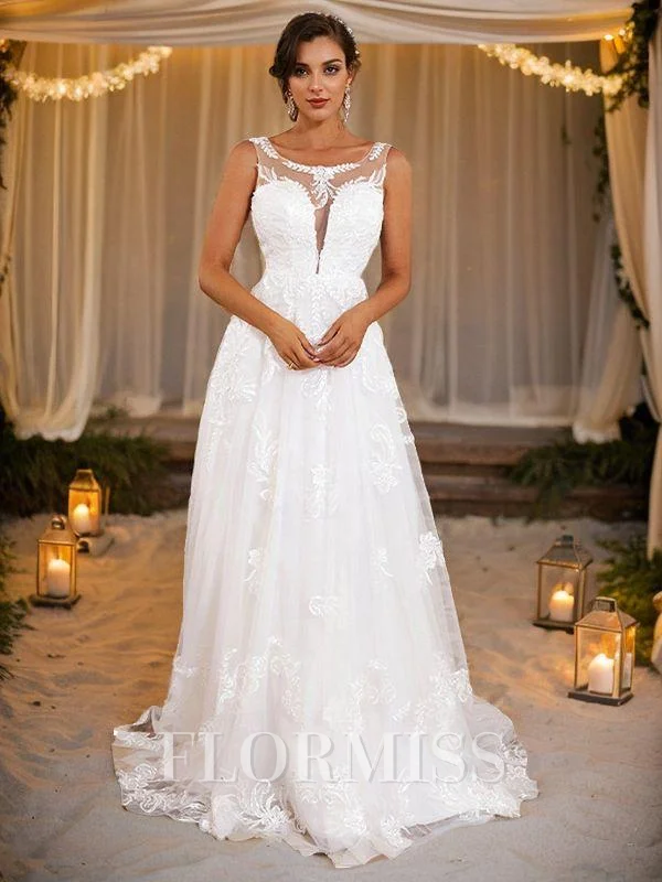 A-Line/Princess Lace Applique Scoop Sleeveless Sweep Train Wedding Dresses