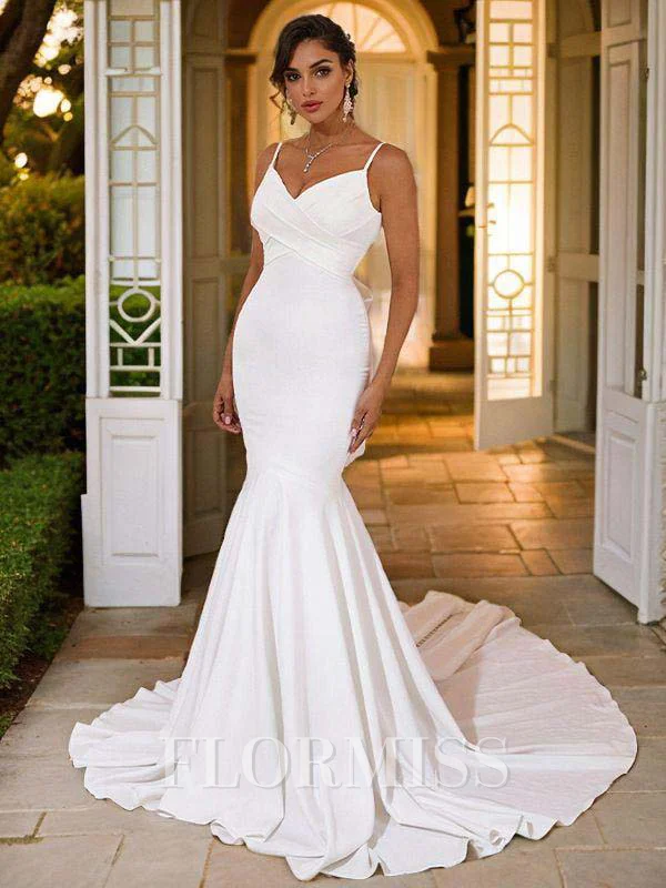Trumpet/Mermaid Stretch Crepe Ruffles V-neck Sleeveless Sweep Train Wedding Dresses