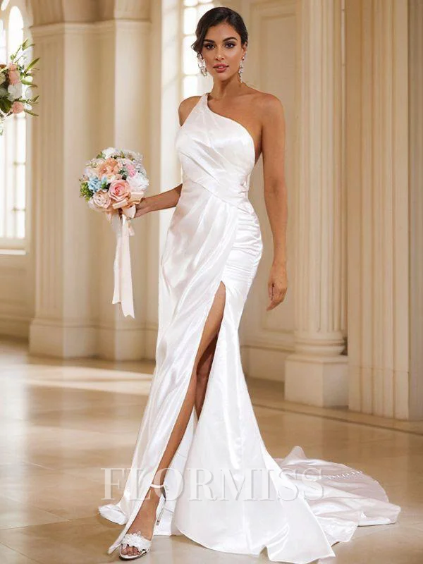 Sheath/Column Satin Ruched One-Shoulder Sleeveless Sweep Train Wedding Dresses