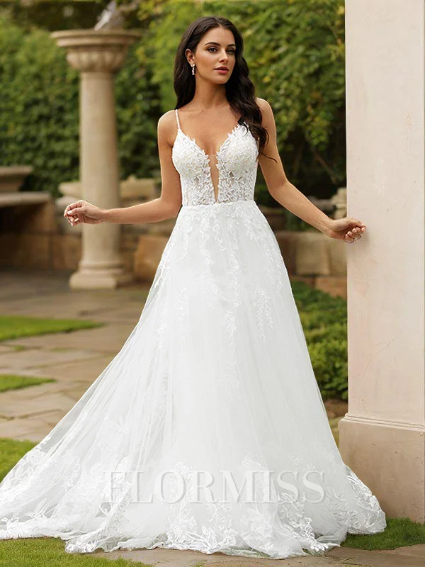 A-Line/Princess Tulle Applique V-neck Sleeveless Court Train Wedding Dresses