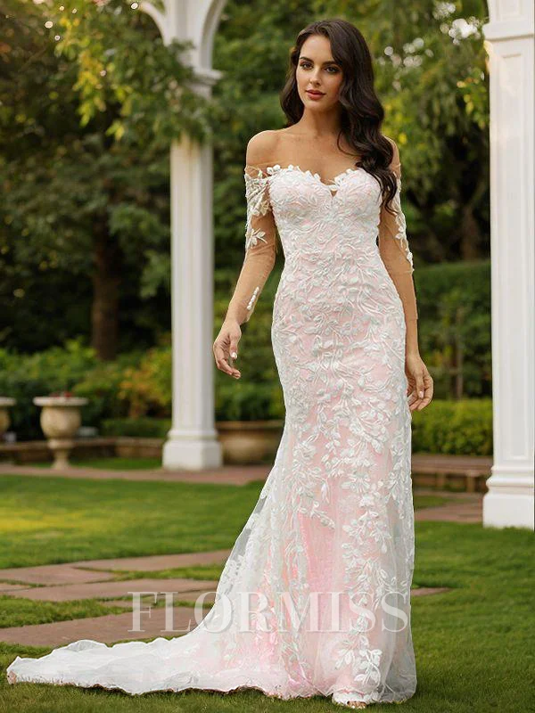 Sheath/Column Lace Off-the-Shoulder Long Sleeves Court Train Wedding Dresses