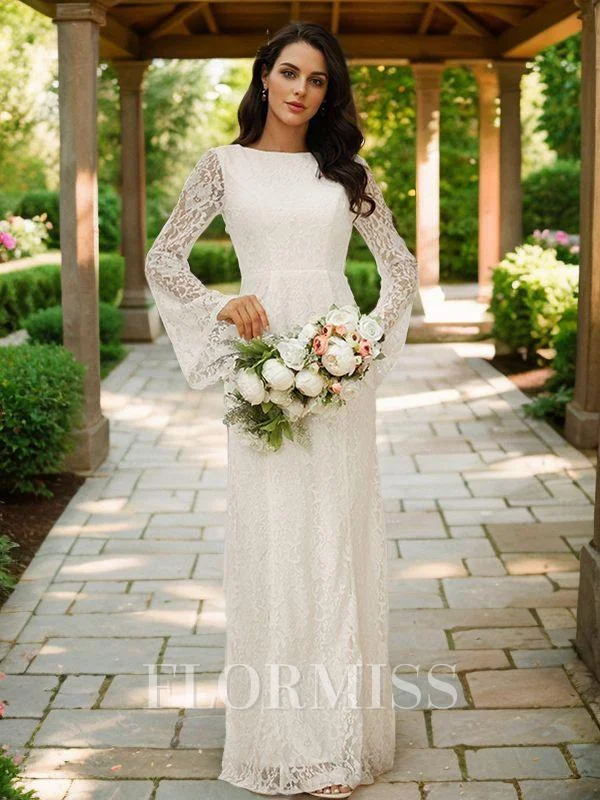 Sheath/Column Lace Scoop Long Sleeves Floor-Length Wedding Dresses