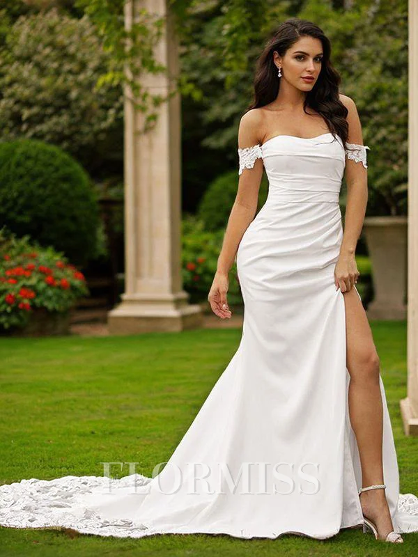 Sheath/Column Stretch Crepe Lace Off-the-Shoulder Sleeveless Court Train Wedding Dresses