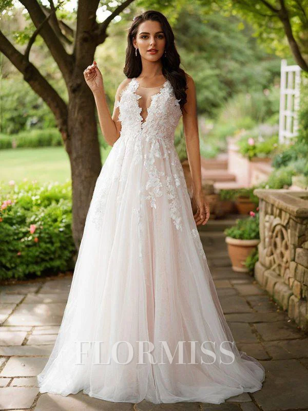 A-Line/Princess Tulle Applique Scoop Sleeveless Sweep Train Wedding Dresses