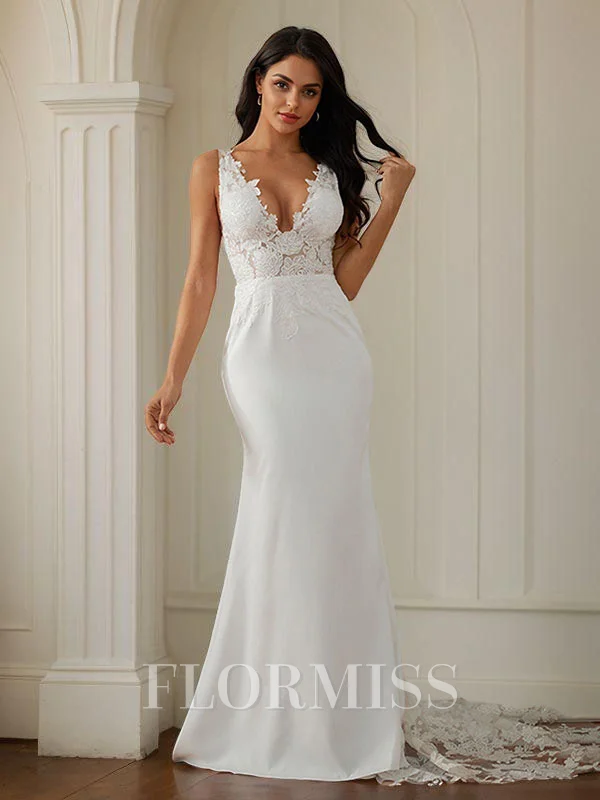 Sheath/Column Stretch Crepe Lace V-neck Sleeveless Sweep Train Wedding Dresses