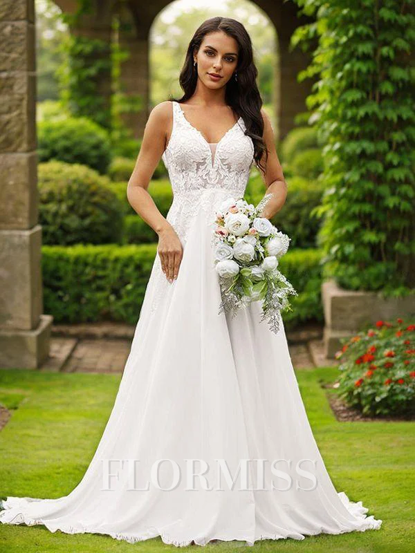 A-Line/Princess Chiffon Lace V-neck Sleeveless Court Train Wedding Dresses