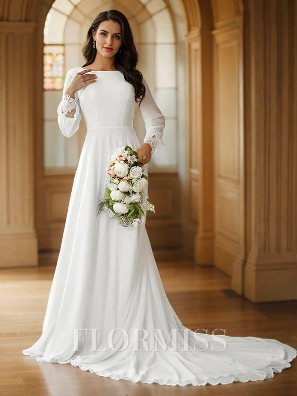 A-Line/Princess Chiffon Lace Scoop Long Sleeves Court Train Wedding Dresses
