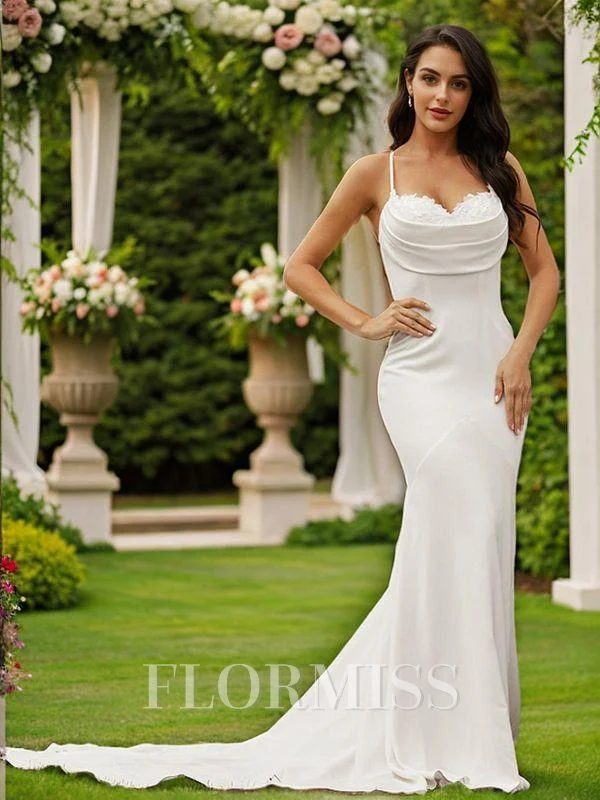 Sheath/Column Stretch Crepe Ruched Spaghetti Straps Sleeveless Court Train Wedding Dresses