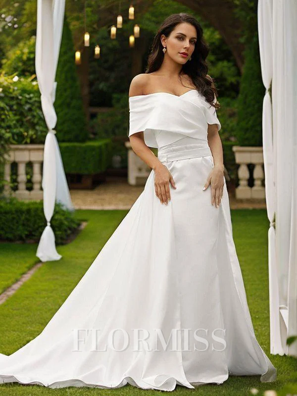 Sheath/Column Satin Ruched Off-the-Shoulder Sleeveless Chapel Train Wedding Dresses
