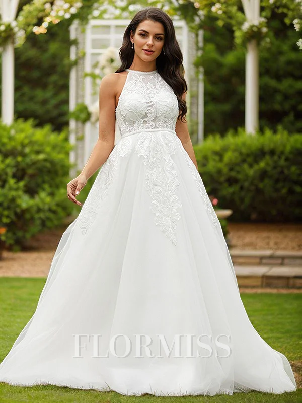 A-Line/Princess Tulle Lace Scoop Sleeveless Sweep Train Wedding Dresses
