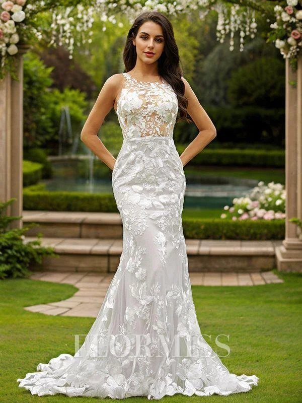 Sheath/Column Lace Scoop Sleeveless Sweep Train Wedding Dresses