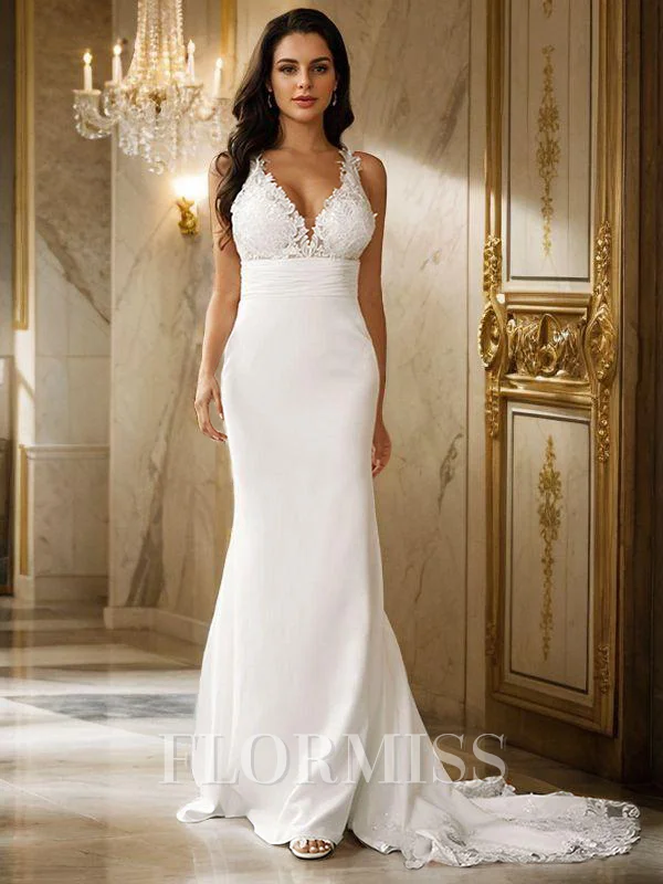 Sheath/Column Stretch Crepe Lace V-neck Sleeveless Sweep Train Wedding Dresses