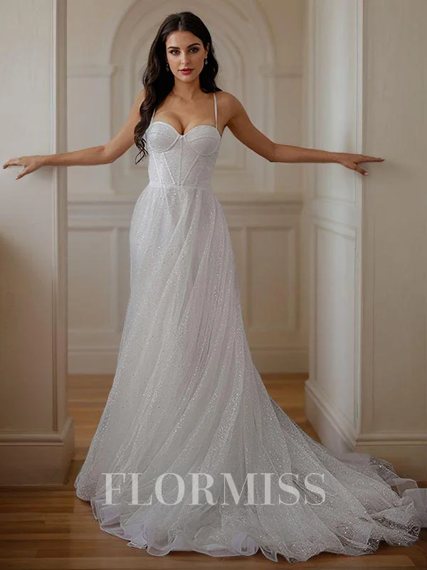 A-Line/Princess Ruffles Spaghetti Straps Sleeveless Court Train Wedding Dresses