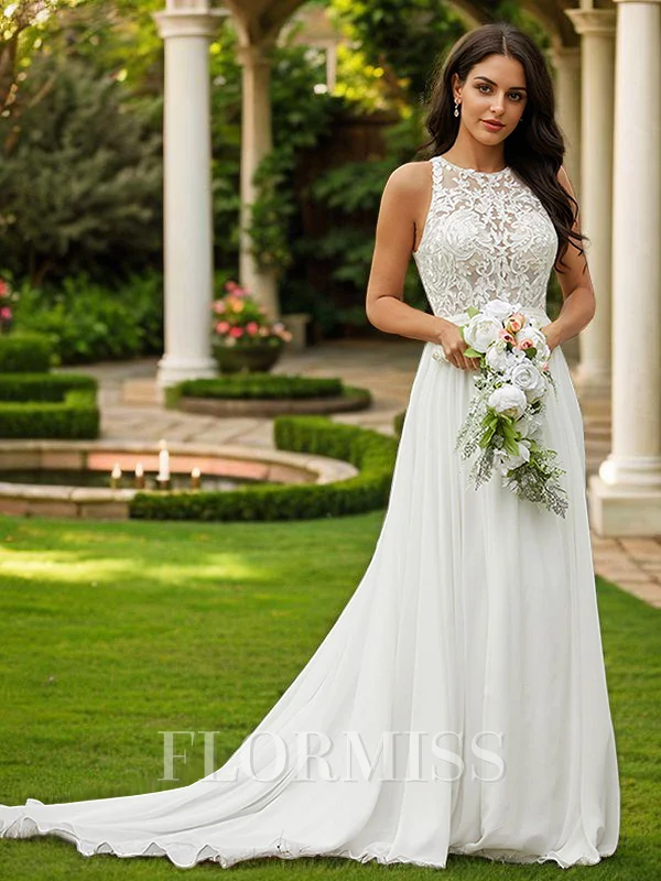 A-Line/Princess Chiffon Lace Scoop Sleeveless Sweep Train Wedding Dresses