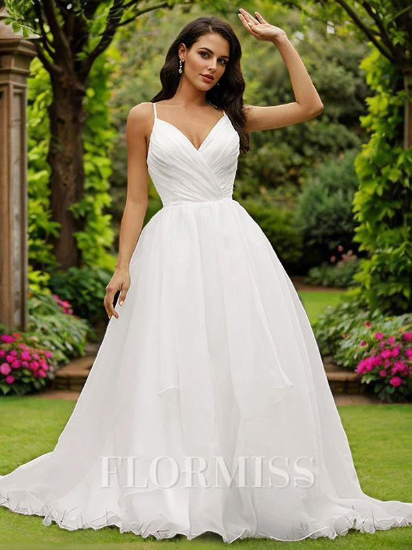 Ball-Gown Satin Ruffles V-neck Sleeveless Sweep Train Wedding Dresses