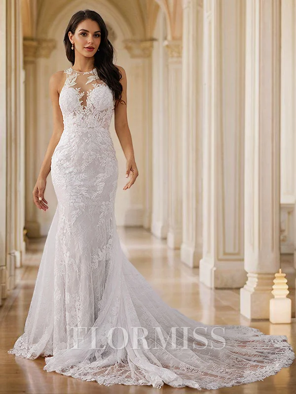 Sheath/Column Lace Scoop Sleeveless Court Train Wedding Dresses