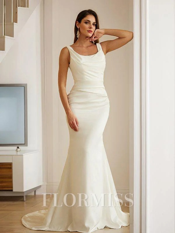 Sheath/Column Charmeuse Ruched Straps Sleeveless Sweep Train Wedding Dresses