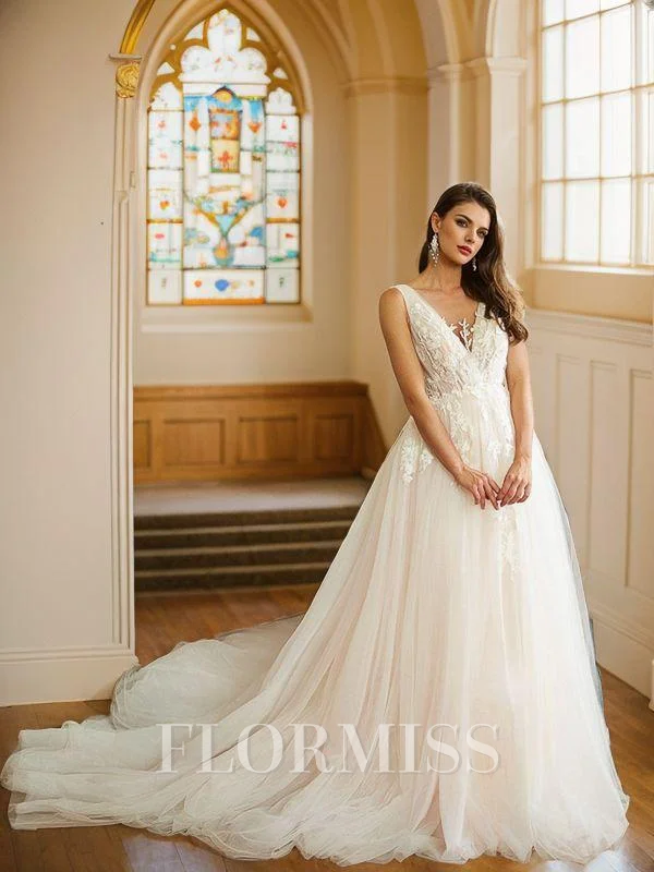 A-Line/Princess Tulle Applique V-neck Sleeveless Cathedral Train Wedding Dresses