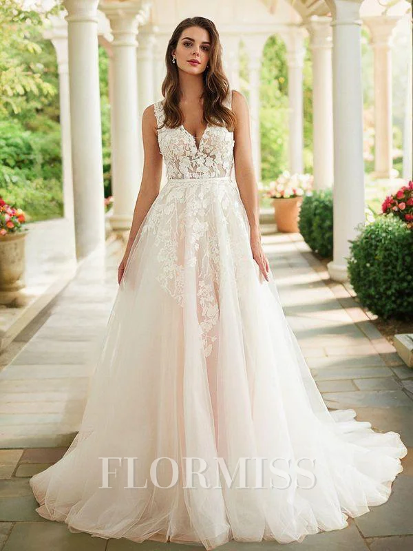 A-Line/Princess Tulle Applique V-neck Sleeveless Chapel Train Wedding Dresses