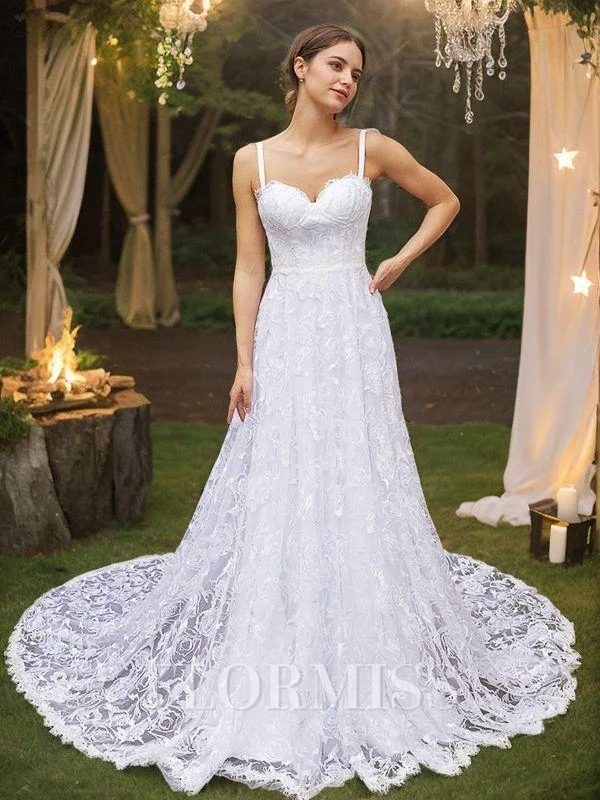 A-Line/Princess Lace Spaghetti Straps Sleeveless Chapel Train Wedding Dresses
