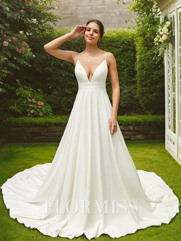 A-Line/Princess Stretch Crepe Lace V-neck Sleeveless Cathedral Train Wedding Dresses