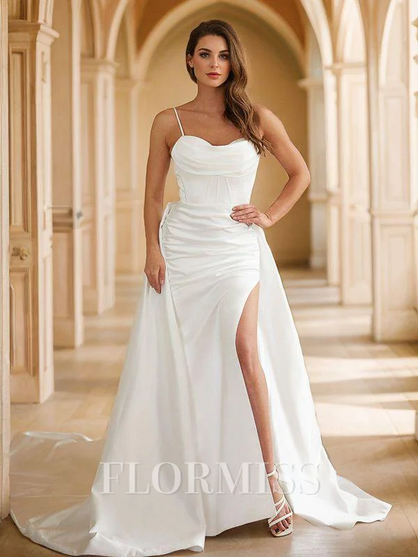 Sheath/Column Charmeuse Ruched Spaghetti Straps Sleeveless Court Train Wedding Dresses