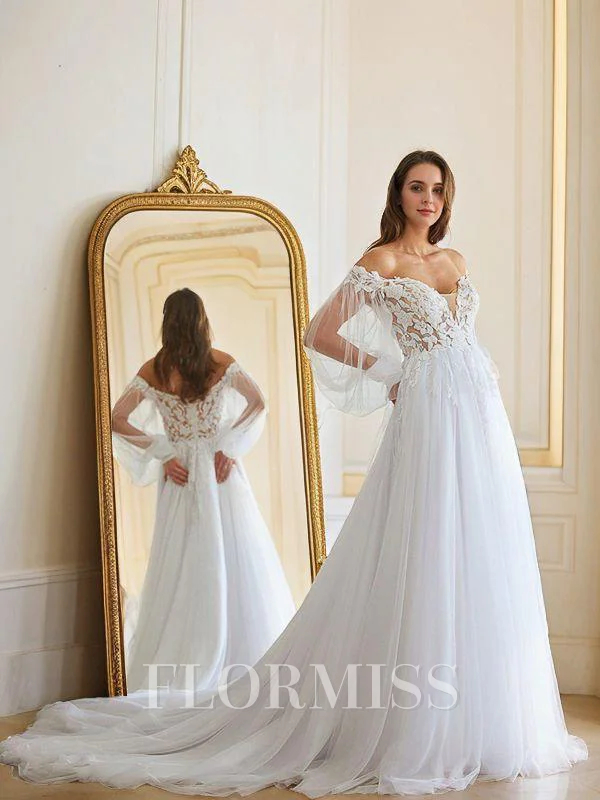 A-Line/Princess Tulle Applique Off-the-Shoulder Long Sleeves Chapel Train Wedding Dresses