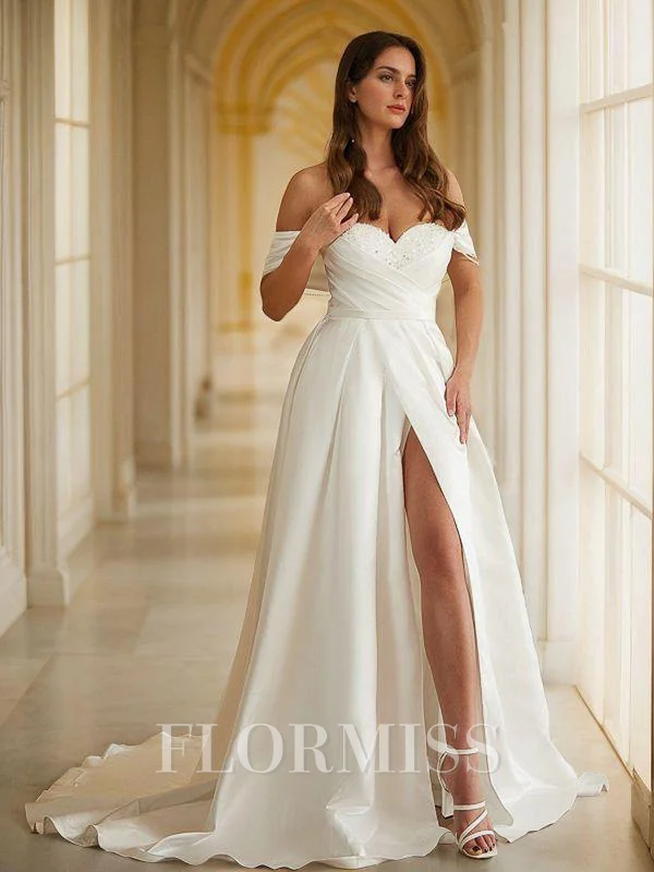 A-Line/Princess Satin Ruched Off-the-Shoulder Sleeveless Chapel Train Wedding Dresses