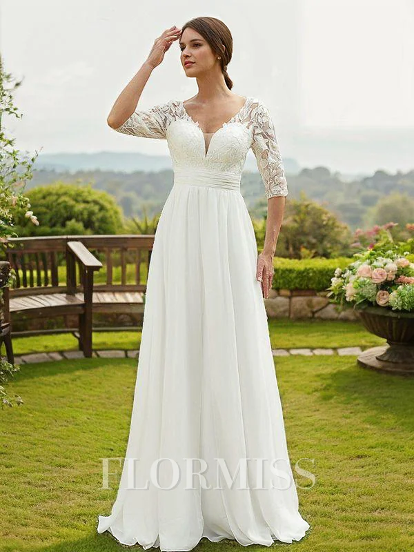 A-Line/Princess Chiffon Lace V-neck 1/2 Sleeves Floor-Length Wedding Dresses