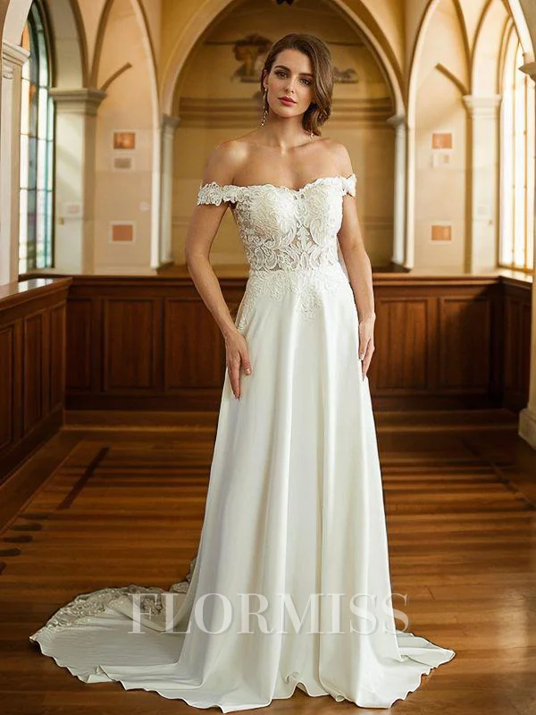 A-Line/Princess Stretch Crepe Lace Off-the-Shoulder Short Sleeves Court Train Wedding Dresses