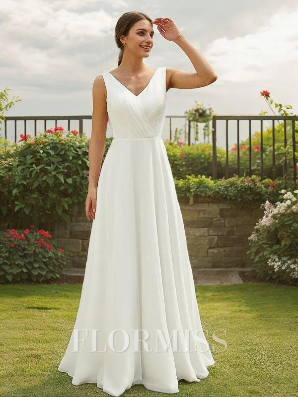 A-Line/Princess Chiffon Ruched V-neck Sleeveless Floor-Length Wedding Dresses
