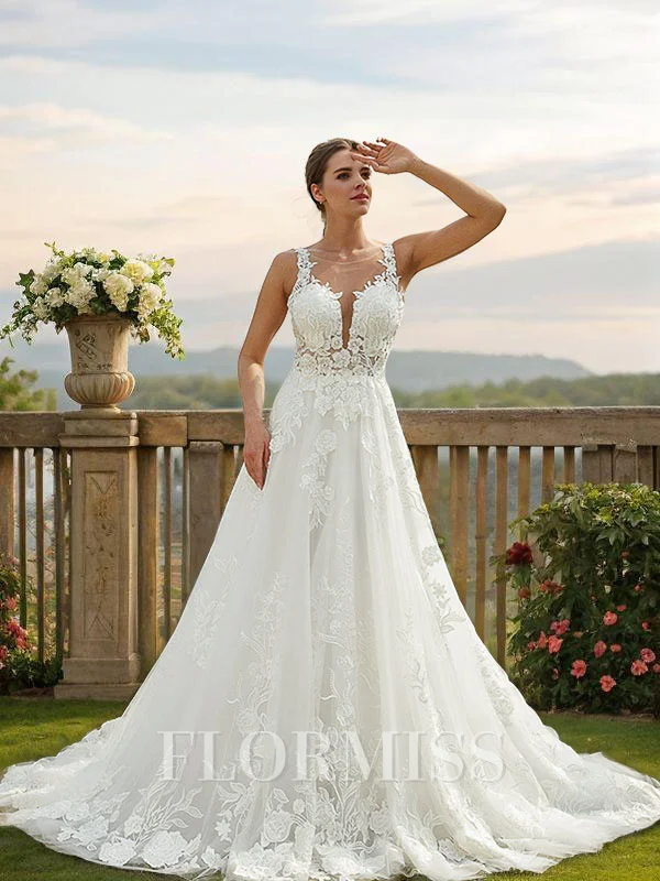 A-Line/Princess Tulle Lace Scoop Sleeveless Chapel Train Wedding Dresses