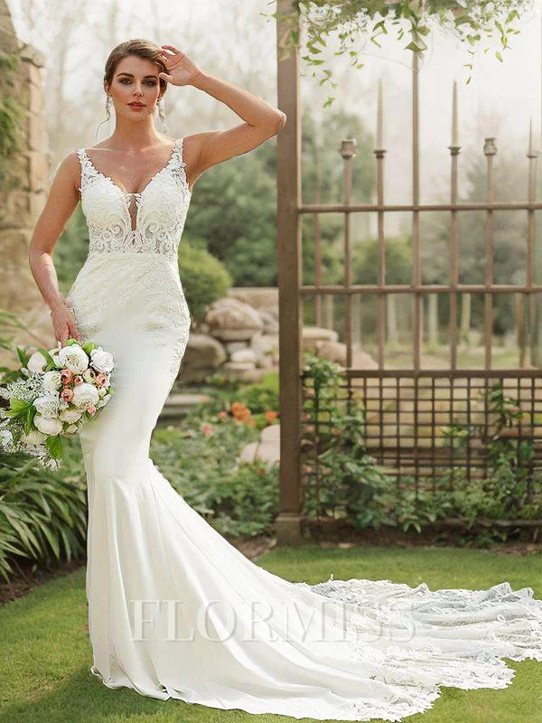 Sheath/Column Stretch Crepe Lace V-neck Sleeveless Cathedral Train Wedding Dresses
