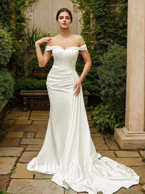 Sheath/Column Charmeuse Ruched Off-the-Shoulder Sleeveless Court Train Wedding Dresses