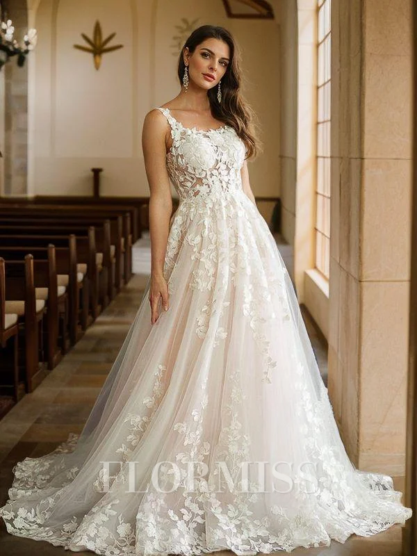 A-Line/Princess Tulle Applique Straps Sleeveless Court Train Wedding Dresses