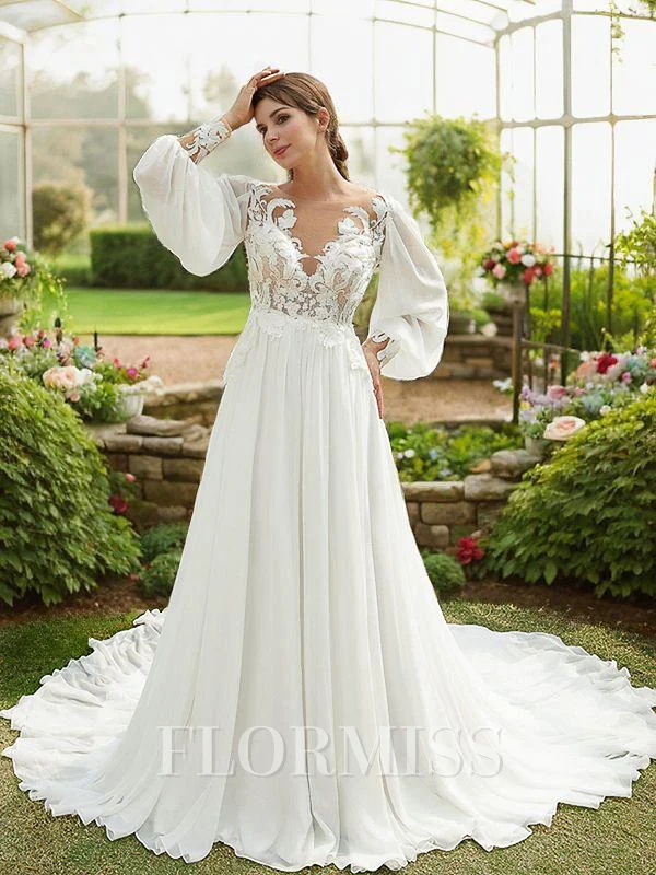 A-Line/Princess Chiffon Applique Scoop Long Sleeves Chapel Train Wedding Dresses