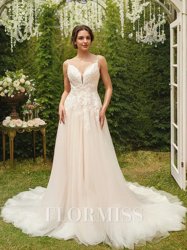 A-Line/Princess Tulle Applique V-neck Sleeveless Court Train Wedding Dresses