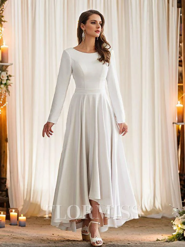 A-Line/Princess Stretch Crepe Ruffles Scoop Long Sleeves Asymmetrical Wedding Dresses