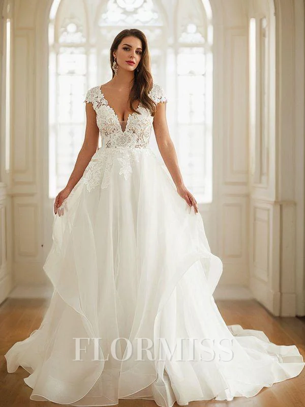 A-Line/Princess Organza Lace V-neck Short Sleeves Court Train Wedding Dresses