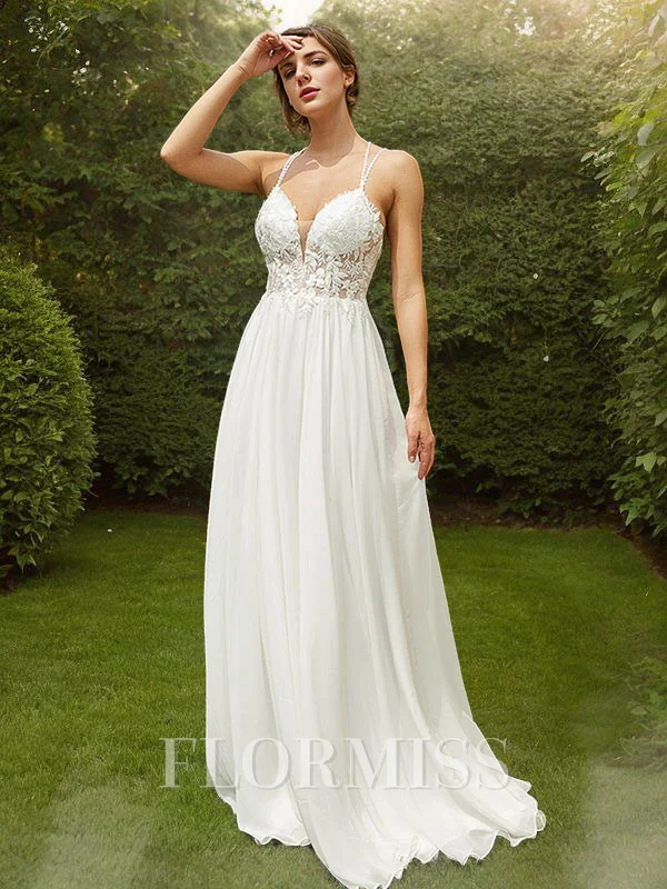 A-Line/Princess Chiffon Lace V-neck Sleeveless Sweep Train Wedding Dresses