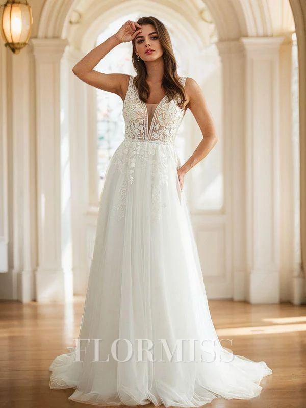 A-Line/Princess Tulle Applique V-neck Sleeveless Sweep Train Wedding Dresses