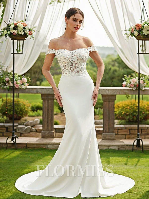 Sheath/Column Stretch Crepe Lace Off-the-Shoulder Sleeveless Court Train Wedding Dresses