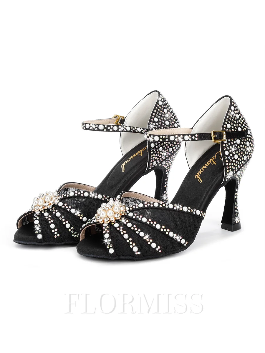 Women's Satin Peep Toe With Rhinestone Stiletto Heel Shoes