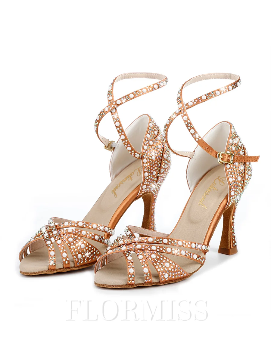 Women's Satin Peep Toe With Rhinestone Stiletto Heel Shoes