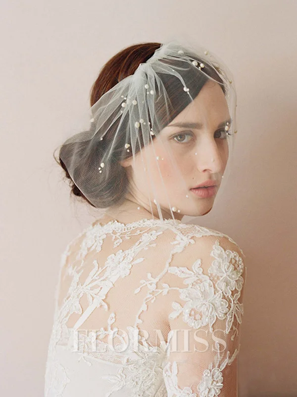 One-tier Cut Edge Birdcage Veils With Imitation Pearls