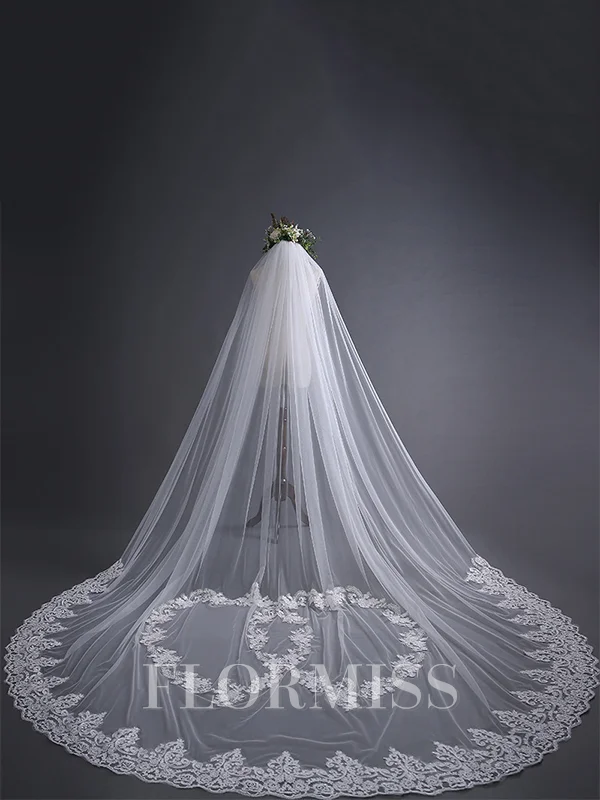 Beautiful Tulle With Lace Long Wedding Veils