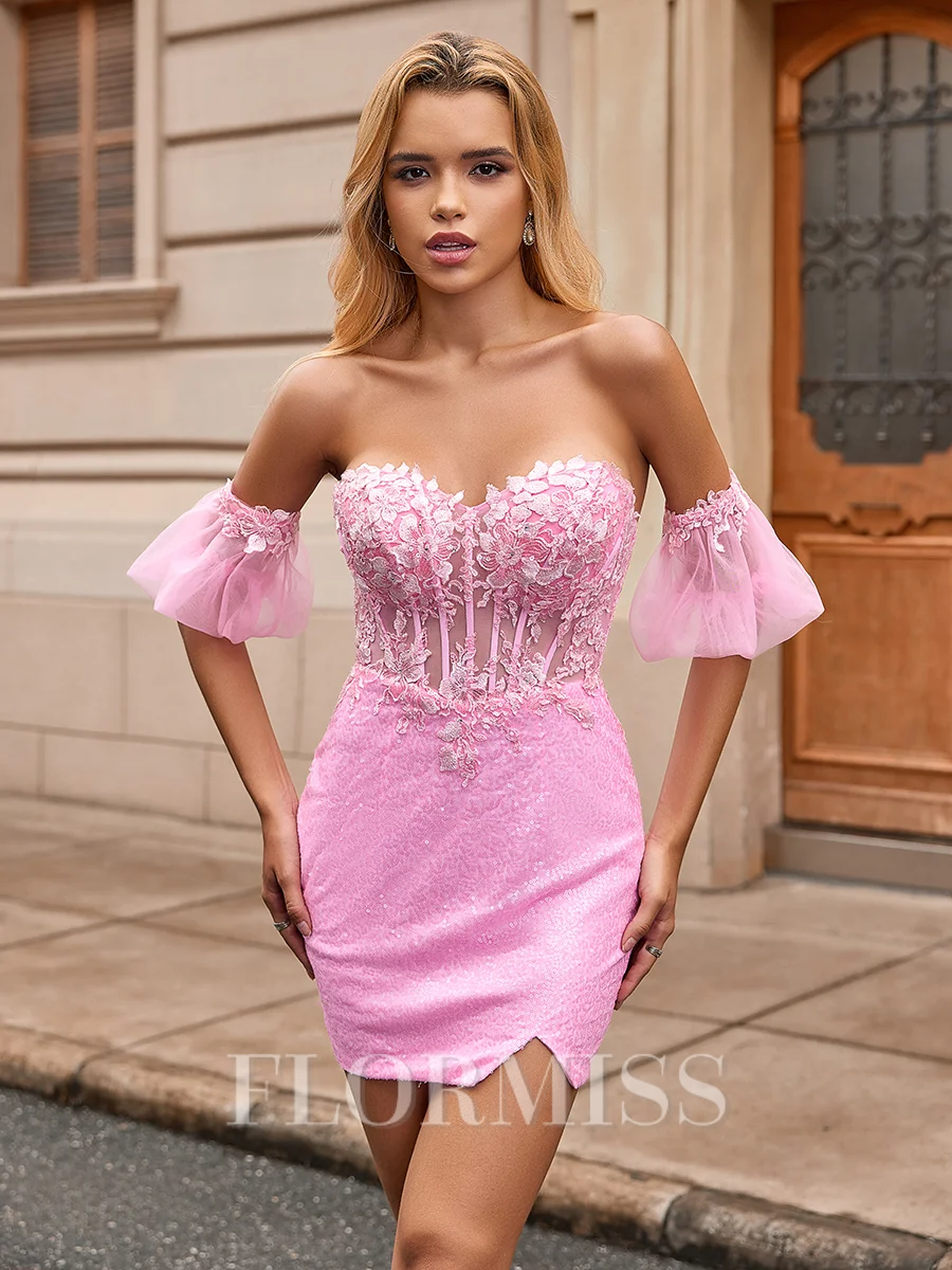 Sheath Sweetheart Short Sleeves Appliques Lace Short/Mini Sequins Corset Dress