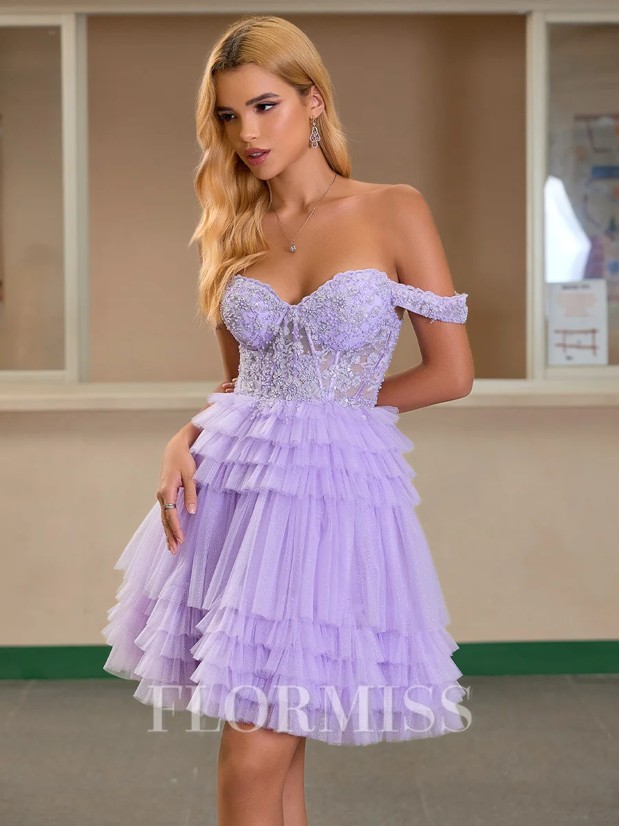 A-line Off-the-Shoulder Appliques Lace Short/Mini Tulle Corset Dress
