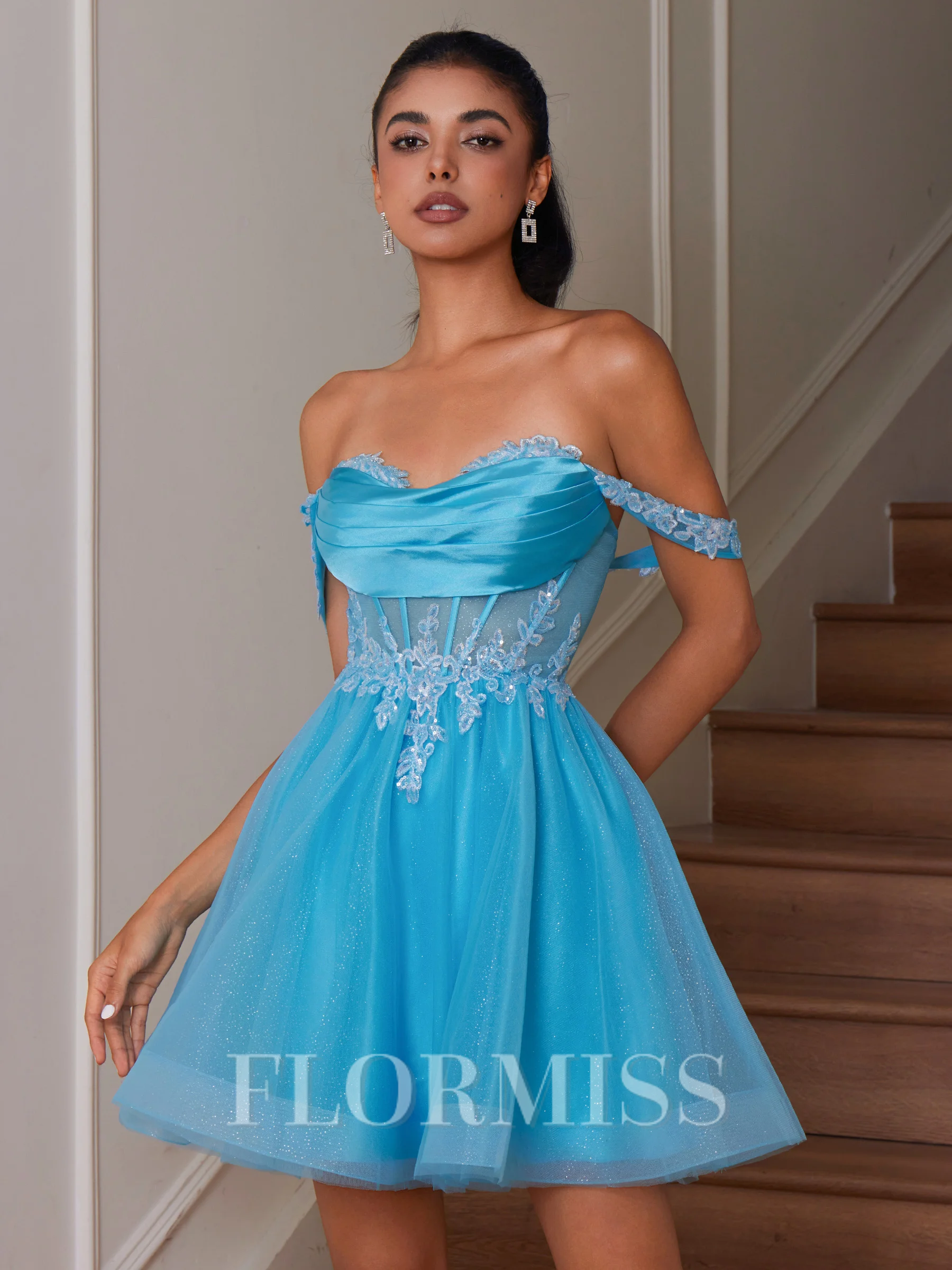 A-line Off-the-Shoulder Appliques Lace Short/Mini Tulle Corset Dress