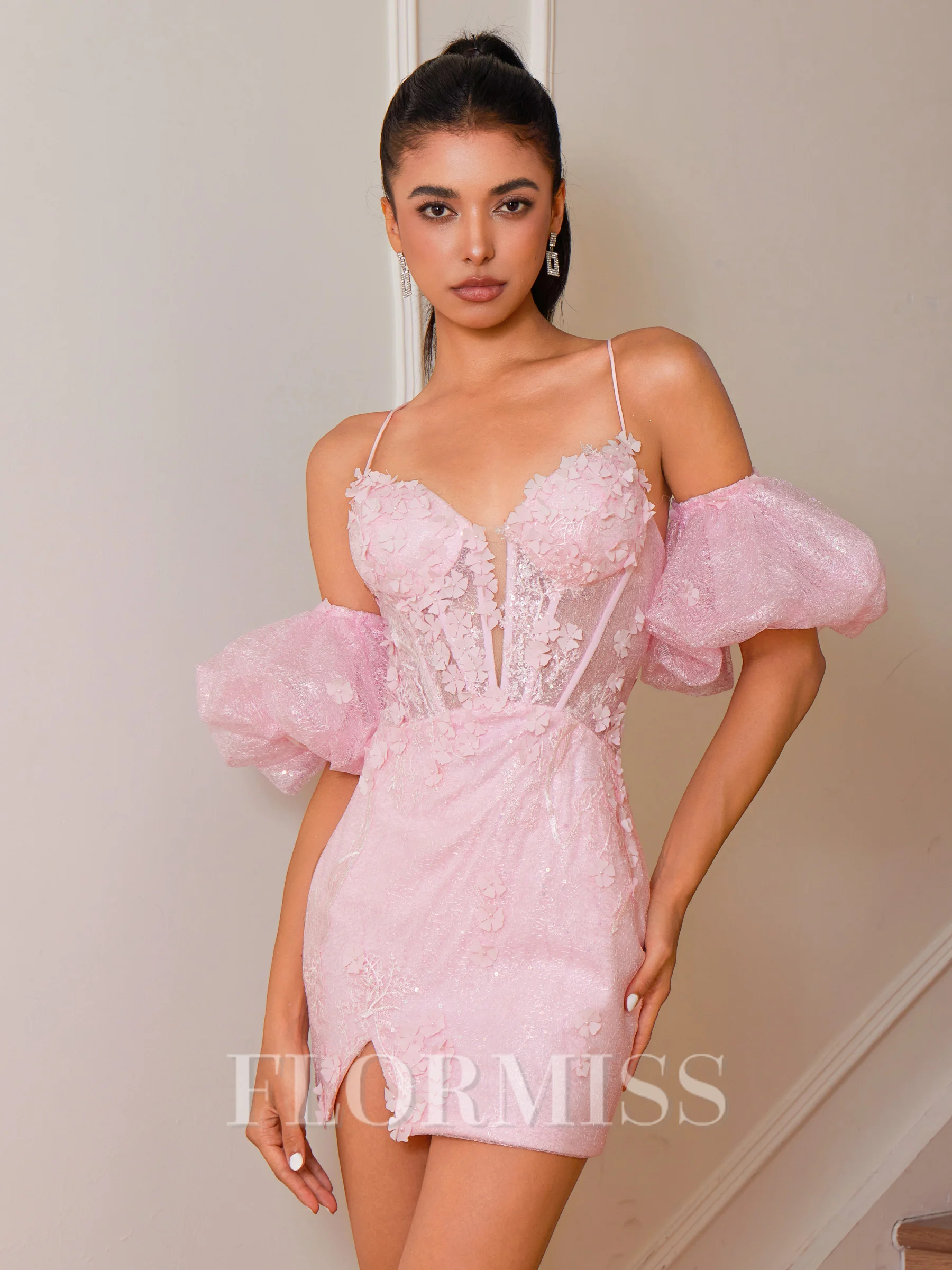 Sheath Spaghetti Straps Short Sleeves Appliques Lace Short/Mini Corset Dress